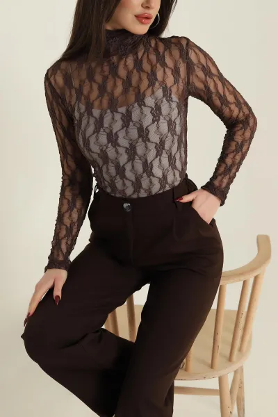 Kahverengi Balıkçı Yaka Kadın Tül Bluz 423232