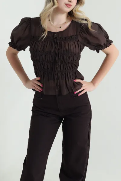 Kahverengi Balon Kol Tencel Kadın Bluz 463193