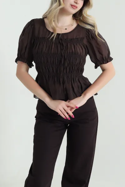 Kahverengi Balon Kol Tencel Kadın Bluz 463193