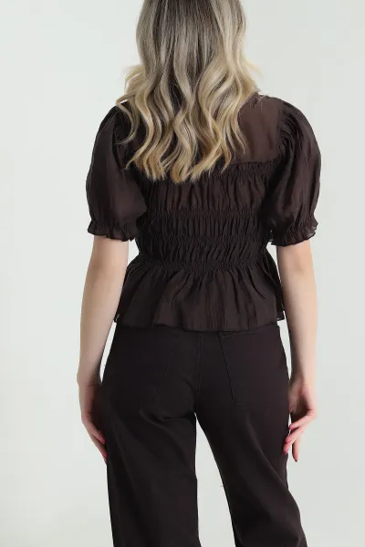 Kahverengi Balon Kol Tencel Kadın Bluz 463193