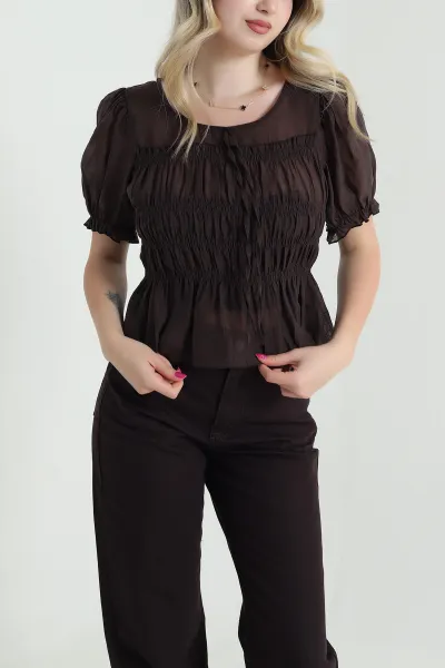 Kahverengi Balon Kol Tencel Kadın Bluz 463193