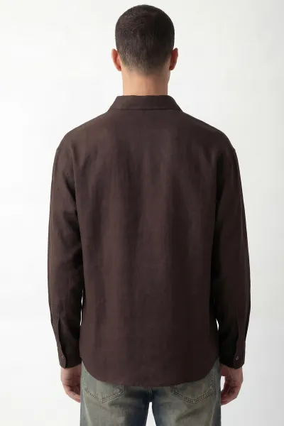 Kahverengi Bambu Keten Oversize Erkek Gömlek 449840