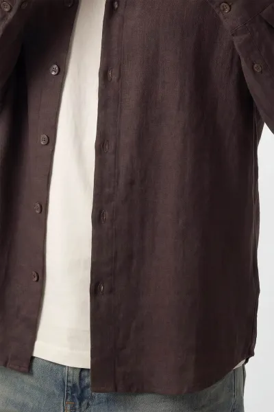 Kahverengi Bambu Keten Oversize Erkek Gömlek 449840