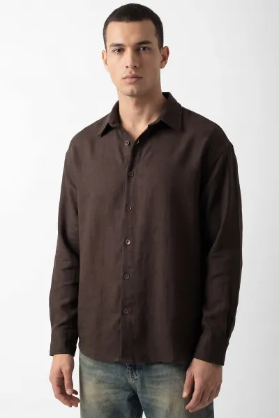 Kahverengi Bambu Keten Oversize Erkek Gömlek 449840