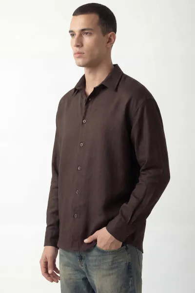 Kahverengi Bambu Keten Oversize Erkek Gömlek 449840