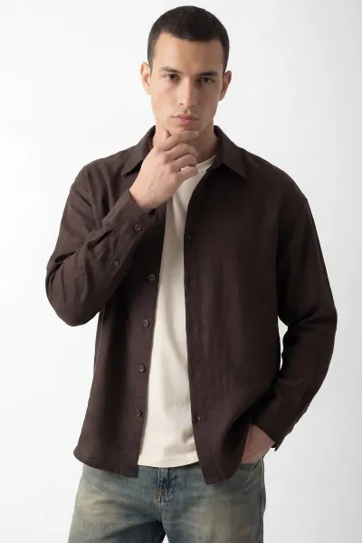 Kahverengi Bambu Keten Oversize Erkek Gömlek 449840