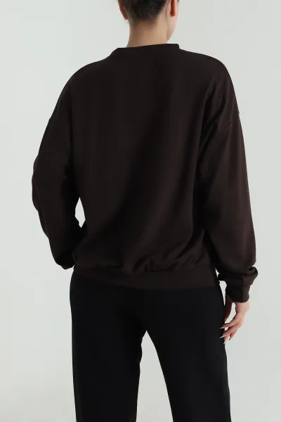 Kahverengi Basic Modal Kadın Fermuarsız Sweat 487388
