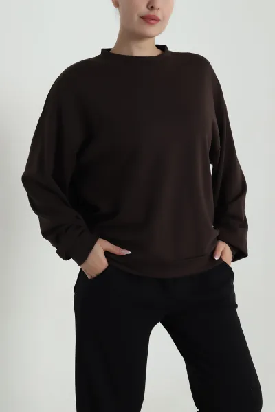 Kahverengi Basic Modal Kadın Fermuarsız Sweat 487388