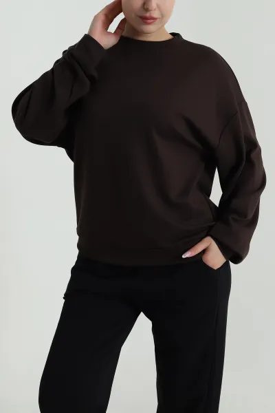Kahverengi Basic Modal Kadın Fermuarsız Sweat 487388