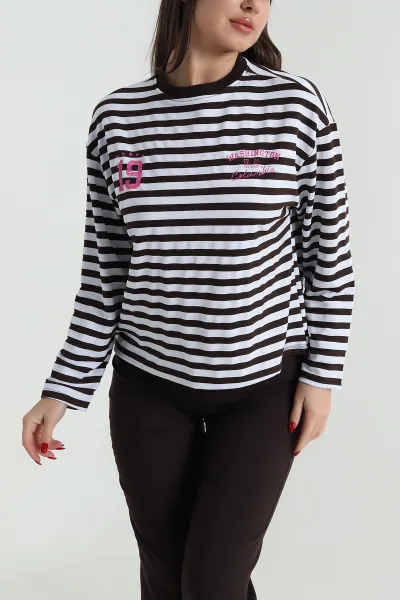 Kahverengi Baskılı Çizgili Tasarım Kadın Sweat 493808