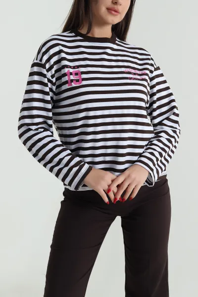 Kahverengi Baskılı Çizgili Tasarım Kadın Sweat 493808