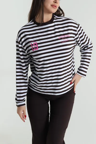 Kahverengi Baskılı Çizgili Tasarım Kadın Sweat 493808