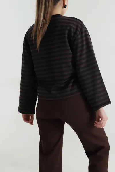 Kahverengi Baskılı Çizgili Üç İp Kadın Sweat 495931