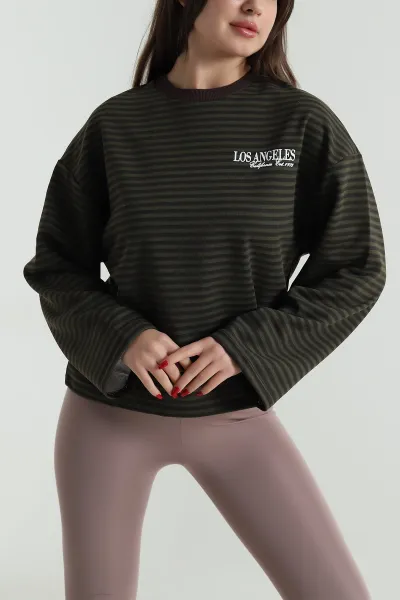 Kahverengi Baskılı Çizgili Üç İp Kadın Sweat 496376
