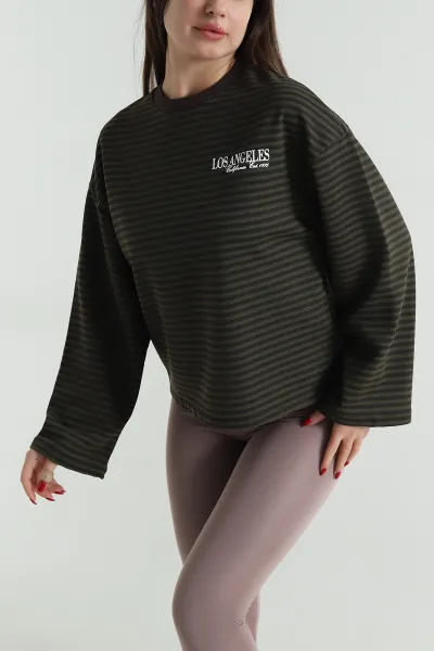 Kahverengi Baskılı Çizgili Üç İp Kadın Sweat 496376