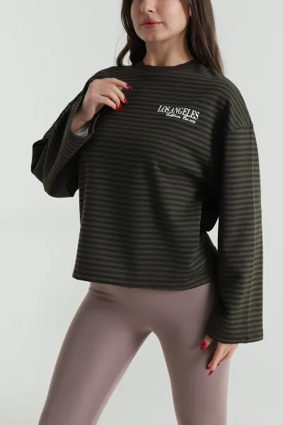 Kahverengi Baskılı Çizgili Üç İp Kadın Sweat 496376