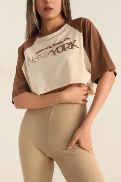 Kahverengi Baskılı Crop Tişört 184621