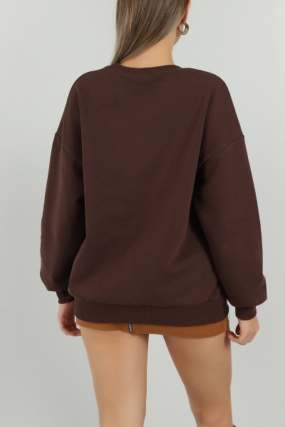 Kahverengi Baskılı İçi Şardonlu Bayan Sweat 144008