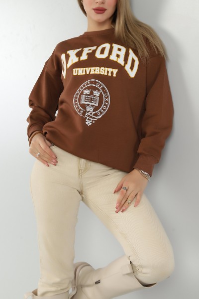 Kahverengi Baskılı İçi Şardonlu Bayan Sweat 144922