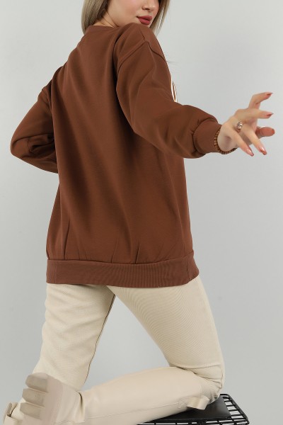 Kahverengi Baskılı İçi Şardonlu Bayan Sweat 144922