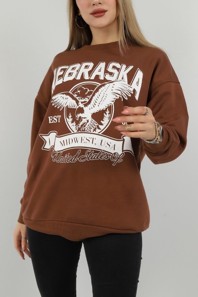 Kahverengi Baskılı İçi Şardonlu Bayan Sweat 144954