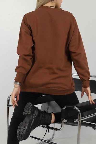 Kahverengi Baskılı İçi Şardonlu Bayan Sweat 144954