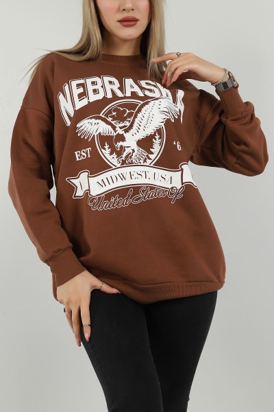 Kahverengi Baskılı İçi Şardonlu Bayan Sweat 144954