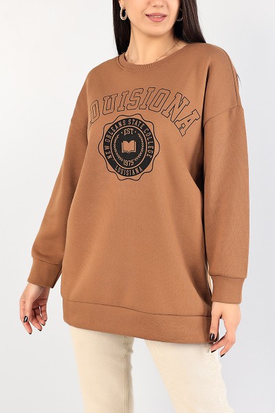Kahverengi Baskılı İçi Şardonlu Bayan Sweat 85010