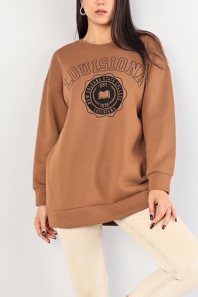 Kahverengi Baskılı İçi Şardonlu Bayan Sweat 85010