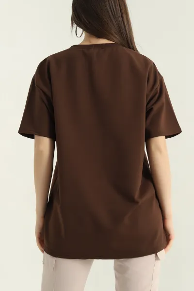Kahverengi Baskılı İki İp Kadın Oversize Tişört 356683