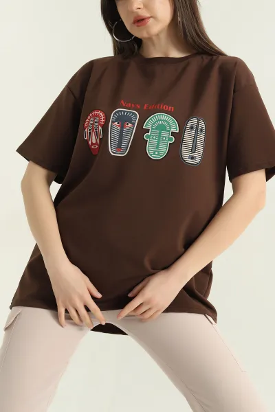Kahverengi Baskılı İki İp Kadın Oversize Tişört 356683