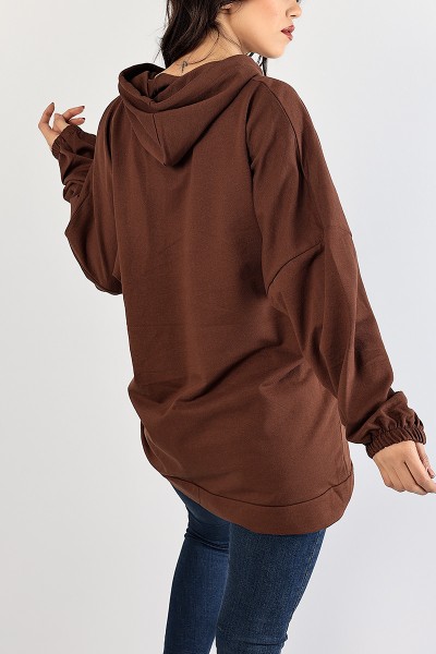 Kahverengi Baskılı Kapüşonlu Bayan Sweat 83376