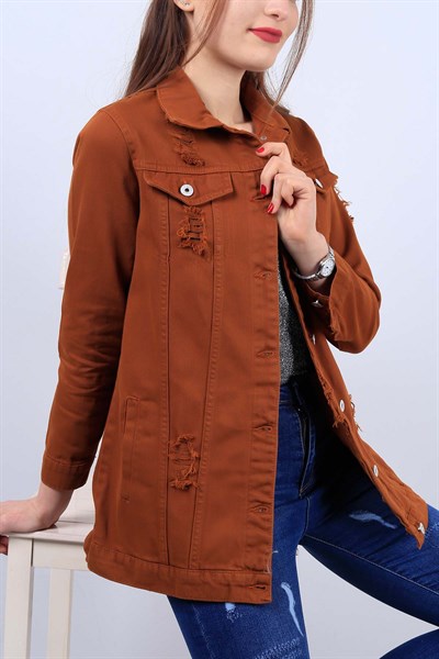 Kahverengi Bayan Yırtık kot Ceket 12011B