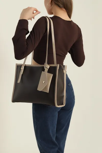 Kahverengi Bej Fermuarlı Cüzdan Aksesuarlı Kadın El Kol ve Omuz Çantası 421060