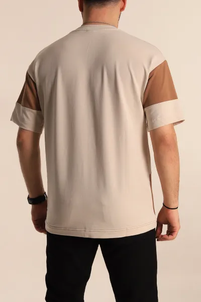 Kahverengi Bej Oversize İki İp Yazı Detay Erkek Tişört 266869