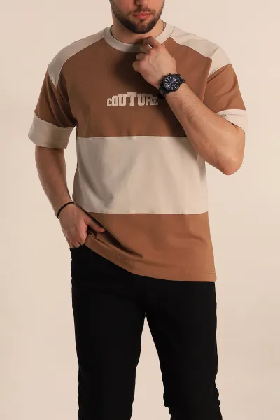 Kahverengi Bej Oversize İki İp Yazı Detay Erkek Tişört 266869