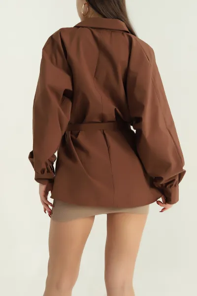 Kahverengi Bel Bağlamalı Oversize Poplin Tunik Gömlek 336943