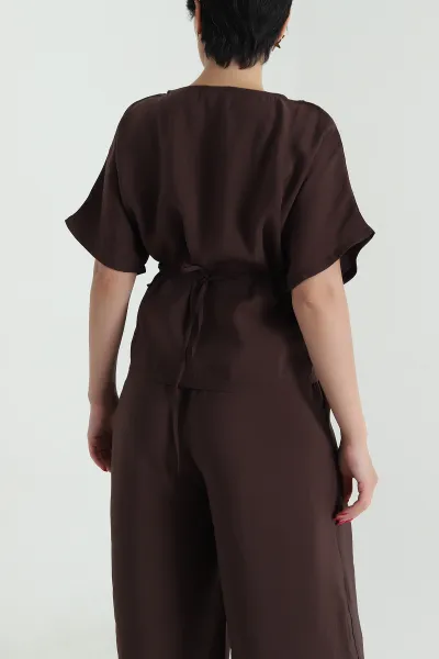 Kahverengi Bel Lastikli Bagcıklı Tencel Kadın İkili Takım 475637