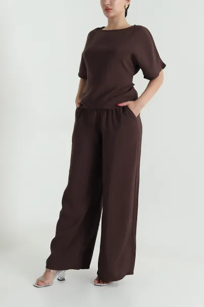 Kahverengi Bel Lastikli Bagcıklı Tencel Kadın İkili Takım 475637