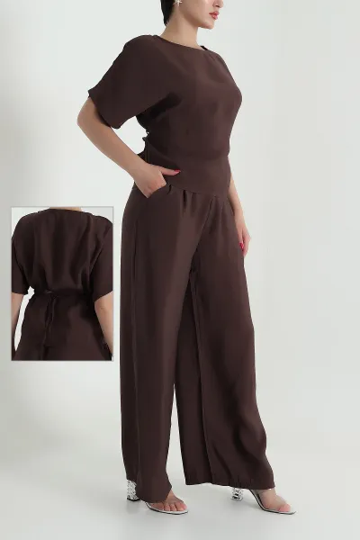 Kahverengi Bel Lastikli Bagcıklı Tencel Kadın İkili Takım 475637