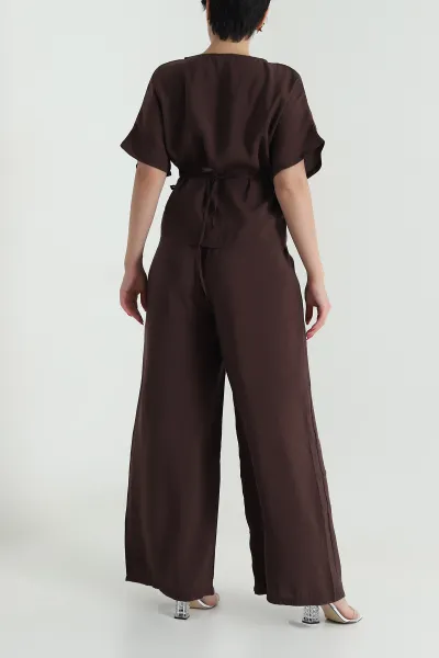 Kahverengi Bel Lastikli Bagcıklı Tencel Kadın İkili Takım 475637