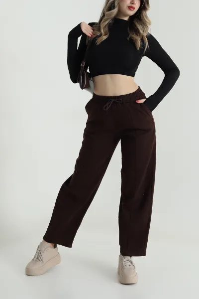 Kahverengi Bel Lastikli Baggy Kadın Kot Pantolon 498828