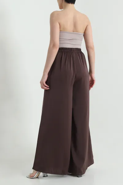 Kahverengi Bel Lastikli Bol Paça Saten Kadın Pantolon 455998