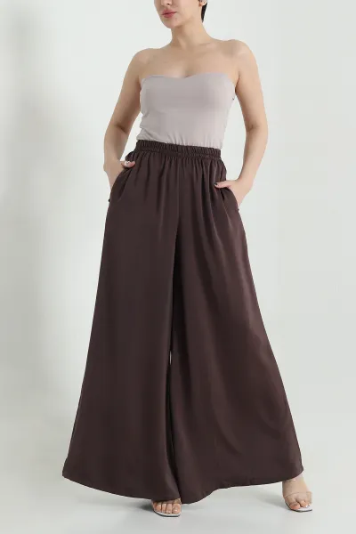 Kahverengi Bel Lastikli Bol Paça Saten Kadın Pantolon 455998