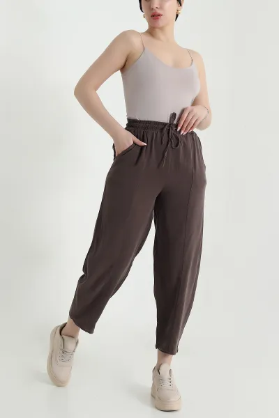 Kahverengi Bel Lastikli Cepli Tencel Kadın Şalvar Pantolon 457853