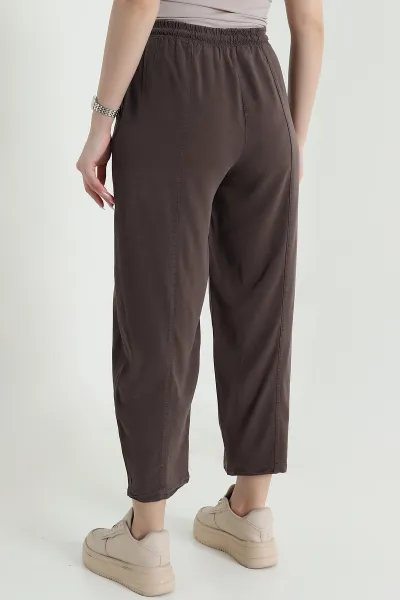 Kahverengi Bel Lastikli Cepli Tencel Kadın Şalvar Pantolon 457853