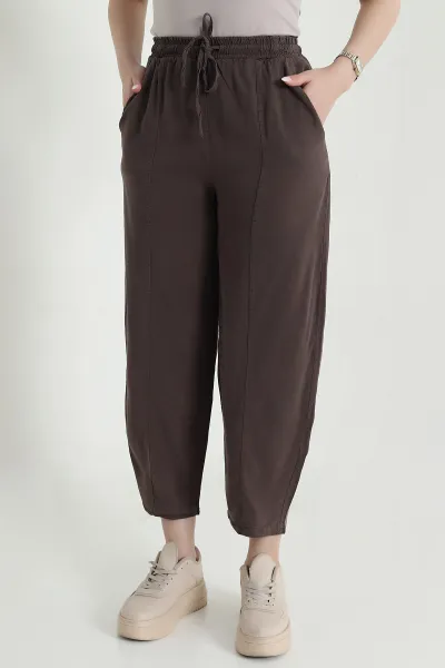 Kahverengi Bel Lastikli Cepli Tencel Kadın Şalvar Pantolon 457853