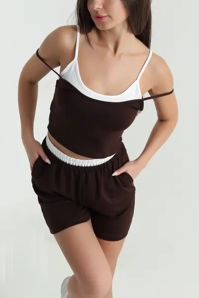 Kahverengi Bel Lastikli Kristal Kadın İkili Takım 468753