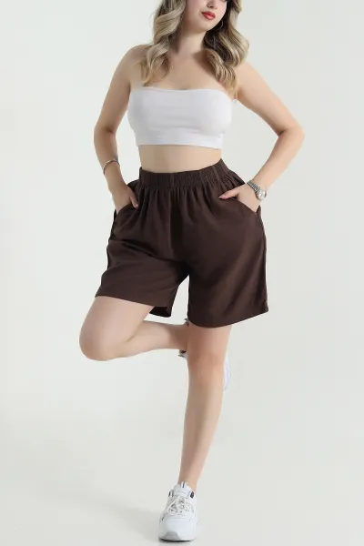 Kahverengi Bel Lastikli Tencel Gabardin Kadın Şort 478752