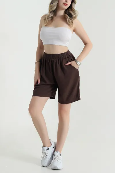 Kahverengi Bel Lastikli Tencel Gabardin Kadın Şort 478752